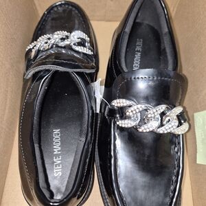 Steve Madden Glossy Black Loafers with Silver Accent